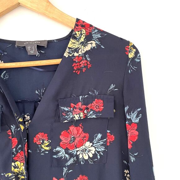 Primark Women's Size 0 Long Sleeve Navy Blue Floral Blouse V-Neck Boho Pocket - Picture 2 of 7